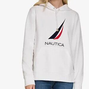 Nautica Women's Hoodie/ Solid Logo Front Hoodie/ White Pullover Sweatshirt XL